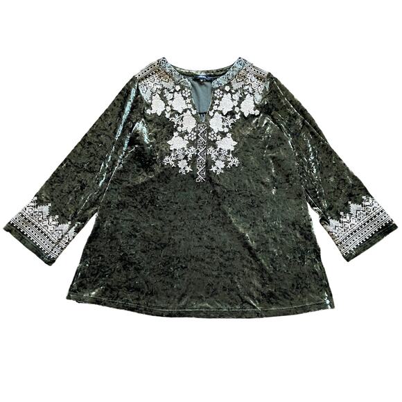 Andree by Unit Crushed Velvet 3/4 Sleeve Tunic Womens S Green Embroidered Floral - Picture 1 of 6